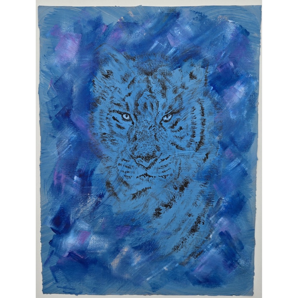 Abstract Tiger Original Acrylic‎ Painting 9x12 Blue Purple Wildlife Canvas Art